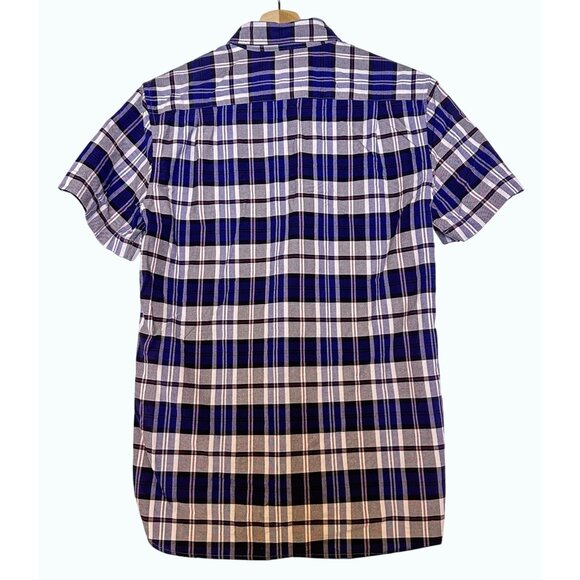 Lacoste Shirt Men's Sm Short Sleeve Button Up Blue Plaid Logo Pocket Regular Fit - Picture 2 of 12